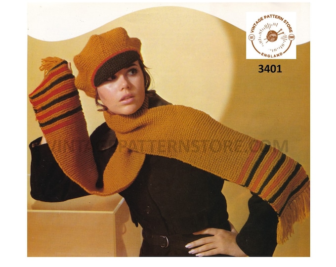 Ladies Womens 60s vintage aran or DK beret cap hat and striped fringed scarf pdf knitting pattern Size Adult Instant PDF Download 3401