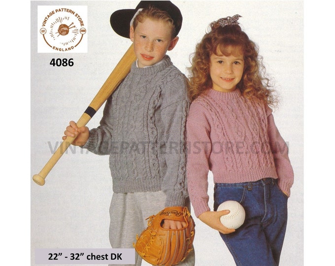 Boys Girls 90s crew neck cable cabled drop shoulder dolman DK sweater jumper pdf knitting pattern 22" to 32" chest Instant PDF download 4086