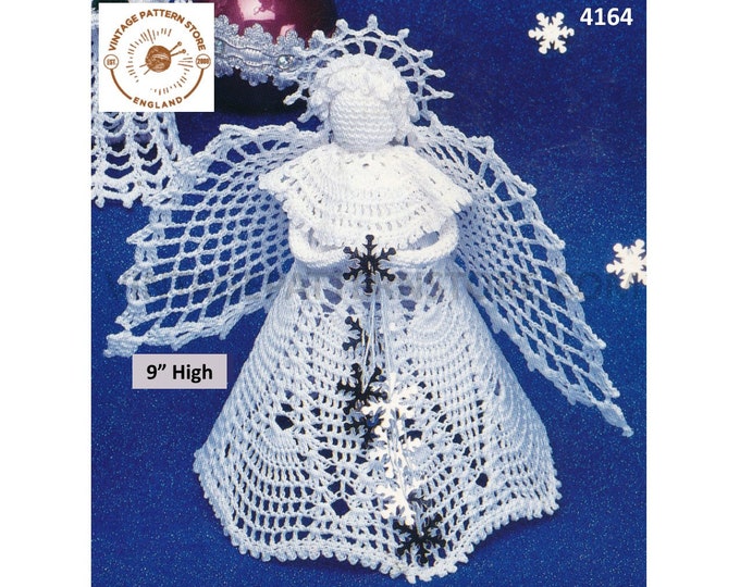 80s vintage crochet tree topper angel fairy Christmas tree ornament decoration pdf crochet pattern 9" High Download 4164