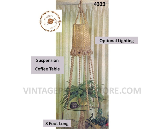 70s vintage macrame suspension coffee table with optional overhead light pdf macrame pattern 8 foot long Instant PDF Download 4323