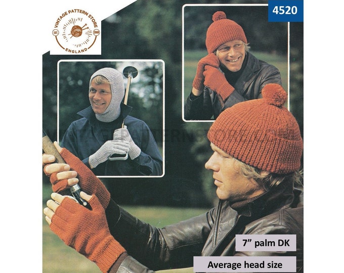 Mens Mans 80s vintage easy to knit hat cap balaclava gloves & fingerless gloves pdf knitting pattern 7" Palm Average Head Size Download 4520