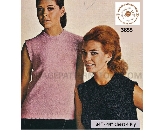 Ladies Womens 70s picot round neck sleeveless 4 ply slipover sweater vest Summer top pdf knitting pattern 34" to 44" chest PDF download 3855