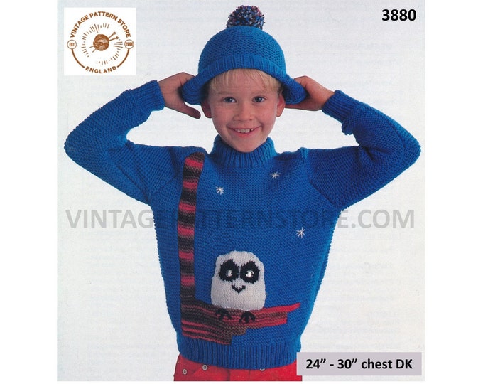 Girls Boys 90s DK crew neck owl intarsia motif raglan sweater jumper pullover & hat pdf knitting pattern 24" to 30" chest PDF download 3880