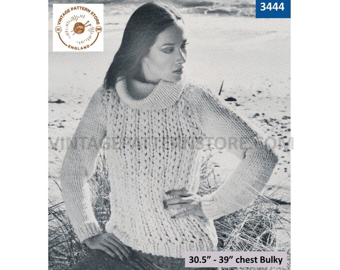 Ladies Womens 70s vintage easy to knit cowl neck bulky knit raglan sweater jumper pullover pdf knitting pattern 30.5" to 39" Download 3444
