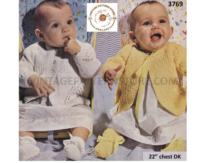 Baby Babies 50s vintage round neck DK lacy & texture raglan matinee coat jacket booties bootees pdf knitting pattern 22" Chest Download 3769