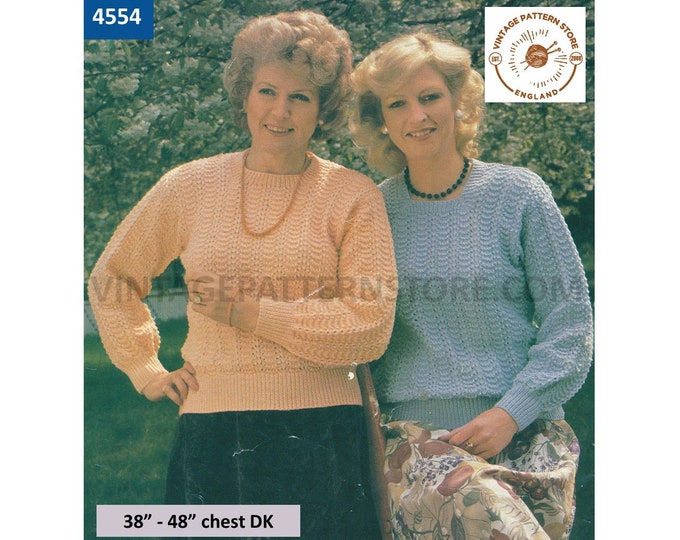 Ladies Womens 80s vintage DK square or round neck textured raglan sweater jumper pdf knitting pattern 38" to 48" chest PDF Download 4554