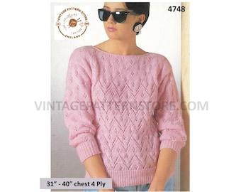 Ladies Womens 90s 4 ply boat neck eyelet lace lacy zigzag striped raglan sweater jumper pdf knitting pattern 31" to 40" Download 4748