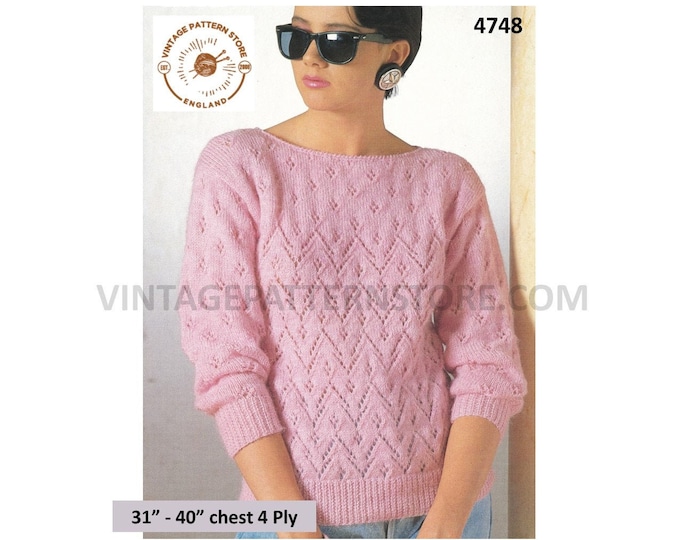 Ladies Womens 90s 4 ply boat neck eyelet lace lacy zigzag striped raglan sweater jumper pdf knitting pattern 31" to 40" Download 4748