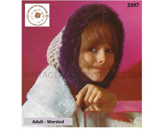 Ladies Womens 60s vintage worsted lacy lace parka hood balaclava with fluffy brim pdf crochet pattern Size Adult Instant PDF Download 3397