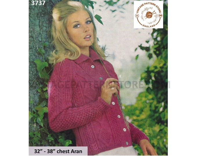 Ladies Womens 60s vintage round neck collared cable cabled raglan aran cardigan jacket pdf knitting pattern 32" to 38" Instant download 3737