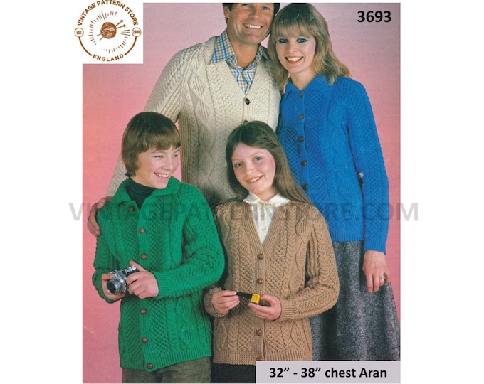 Family Ladies Womens Mens Girls Boys V neck or collared cable & texture raglan aran cardigan pdf knitting pattern 32" to 38" Download 3693