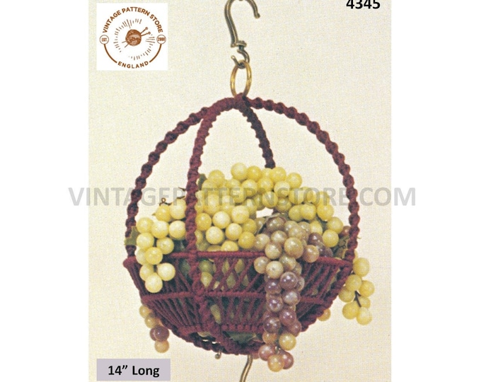 70s vintage macrame ring hanging fruit bowl or plant hanger pdf macrame pattern 14" long Instant PDF Download 4345