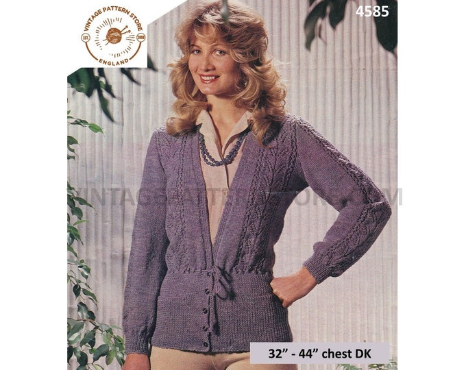 Ladies Womens 80s vintage V neck lacy sleeve lace panel raglan peplum cardigan with pockets pdf knitting pattern 32" to 44" Download 4585