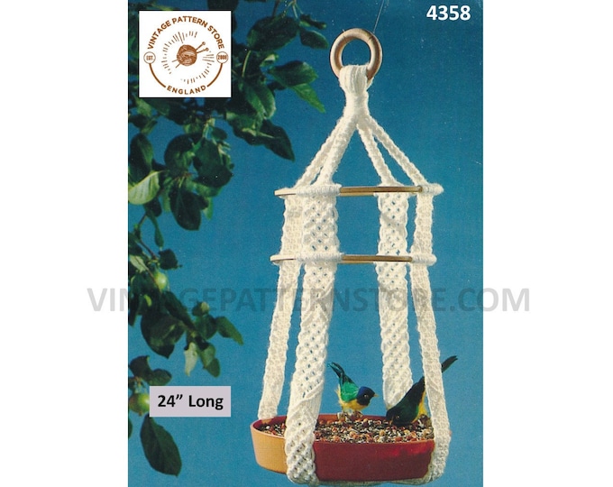 70s vintage macrame ring bird feer hanger pdf macrame pattern, 70s vintage retro garden gardening 24" long Instant PDF Download 4358