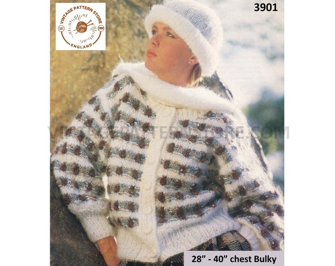 Ladies Womens 90s bulky knit round neck drop shoulder check cardigan jacket hat and scarf pdf knitting pattern 28" to 40" PDF download 3901