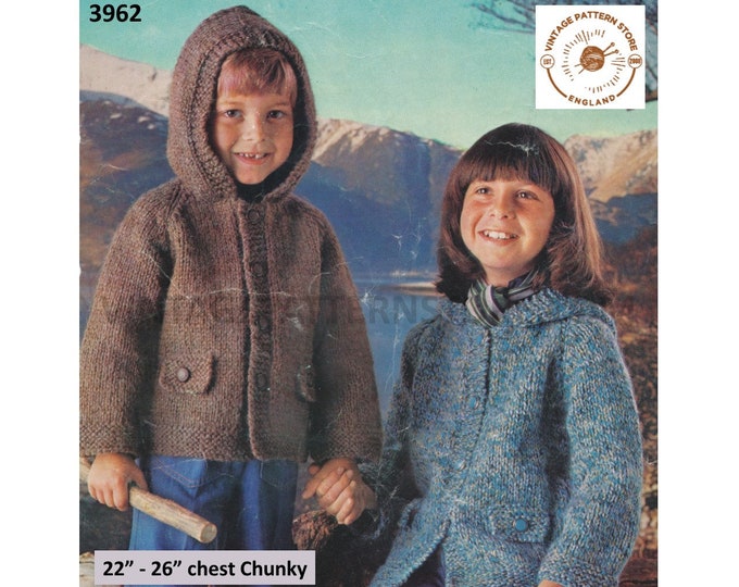 Boys Girls childrens 70s vintage simple and easy to knit raglan jacket with hood pdf knitting pattern 22" to 26" Instant PDF download 3962