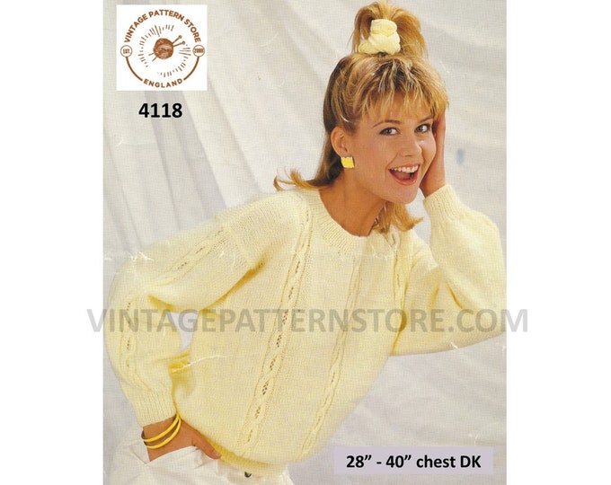 Ladies Womens 90s round neck cable cabled drop shoulder DK dolman sweater jumper pdf knitting pattern 28" to 40" Instant PDF Download 4118