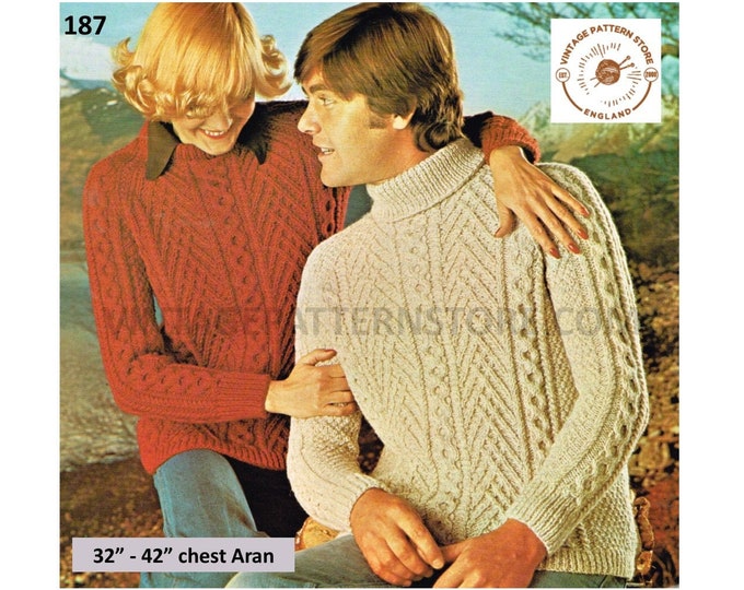 Ladies Womens Mens 80s vintage crew or polo neck cable cabled raglan aran sweater jumper pdf knitting pattern 32" to 42" chest Download 187