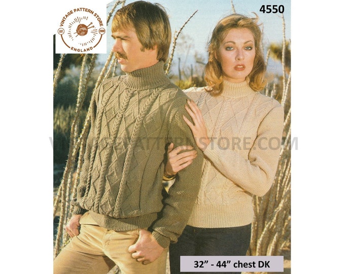 Ladies Womens Mens 80s polo neck turtleneck cabled cable & textured raglan DK sweater jumper pdf knitting pattern 32" to 44" Download 4550