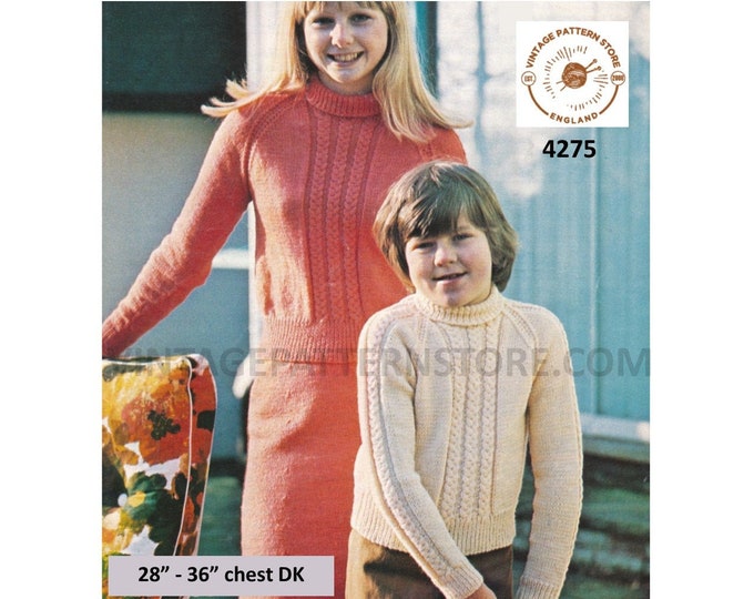Girls Boys 70s vintage DK polo neck turtleneck cable panel cabled raglan sweater & skirt pdf knitting pattern 28" to 36" Download 4275