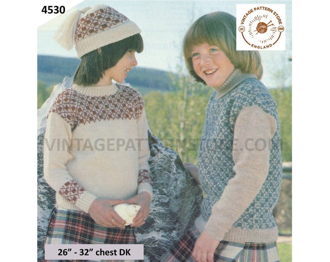 Girls 80s vintage DK crew polo neck fair isle yoke yoked raglan sweater jumper pdf knitting pattern 26" to 32" Instant PDF Download 4530