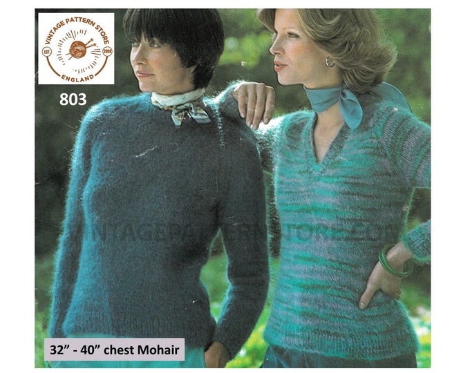 Ladies Womens 70s vintage simple & easy to knit V or round neck raglan mohair sweater jumper pdf knitting pattern 32" to 40" Download 803
