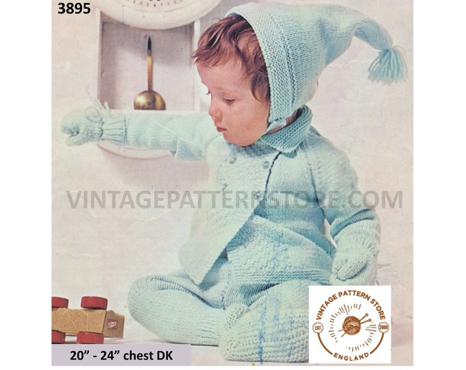 Baby Babies 70s vintage DK pram set double breasted matinee coat pixie bonnet leggings mittens pdf knitting pattern 20" to 24" Download 3895