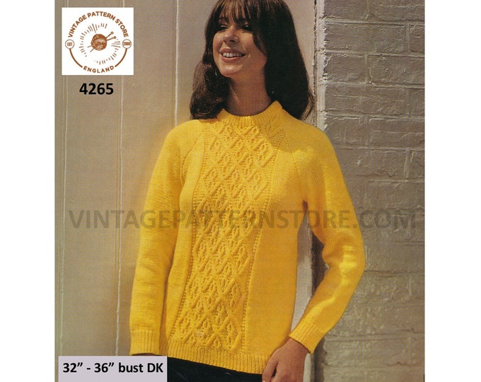 Ladies Womens 70s vintage DK crew neck cabled cable panel raglan sweater jumper pullover pdf knitting pattern 32" to 36" PDF Download 4265