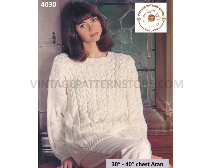Ladies Womens 90s round neck drop shoulder cable yoke wide rib dolman aran sweater jumper pdf knitting pattern 30" to 40" PDF download 4030