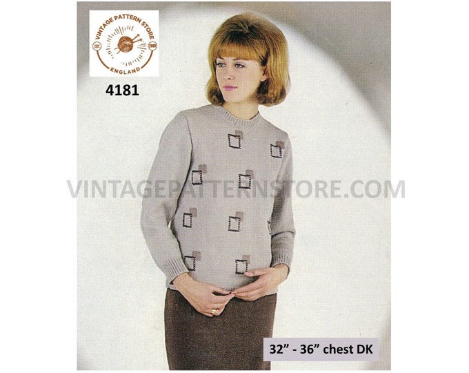 Ladies Womens 60s vintage DK round neck check raglan sweater jumper & long line skirt pdf knitting pattern 32" to 36" Download 4181