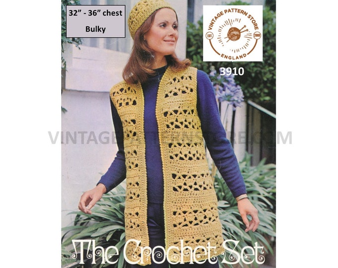 Ladies Womens 70s vintage bulky bold lace lacy long line open front waistcoat and hat cap pdf crochet pattern 32" to 36" chest Download 3910