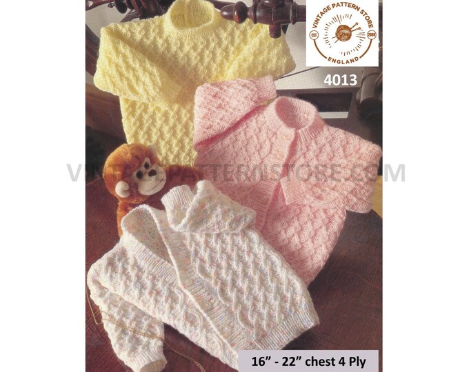 Baby Babies 90s 4 ply round or V neck cable cabled raglan cardigan and sweater jumper pdf knitting pattern 16" to 22" PDF download 4013