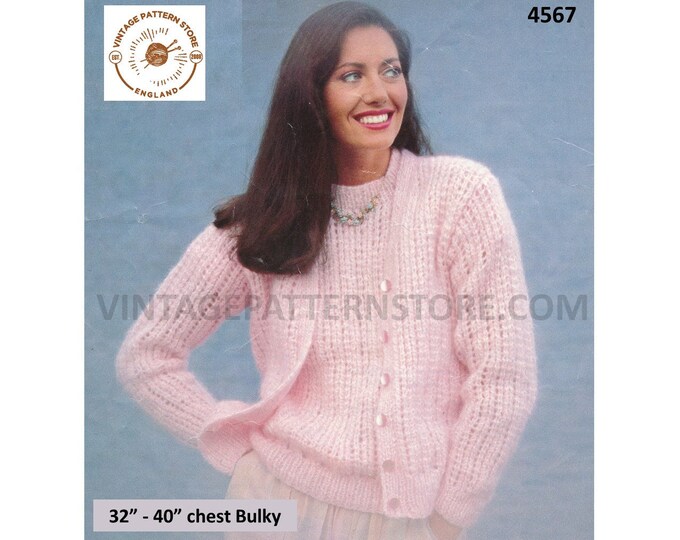 Womens 80s fun quick and easy to knit bulky raglan twin set V neck cardigan and sweater jumper pdf knitting pattern 32" to 40" download 4567