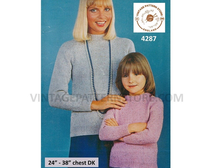 Womens Girls Mother & Daughter 70s plain and simple easy to knit DK crew neck raglan sweater pdf knitting pattern 24" to 38" Download 4287