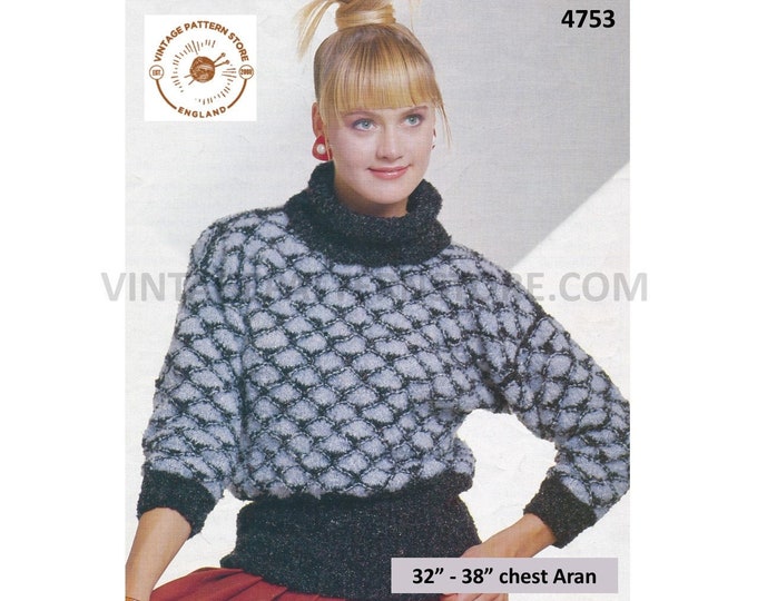Womens 90s trellis patterned polo neck drop shoulder dolman aran sweater jumper pdf knitting pattern 32" to 38" Download 4753