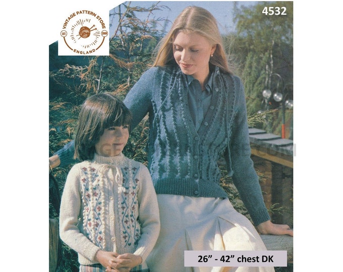 Ladies Womens Girls 80s vintage DK crew neck bobble cabled cable striped raglan cardigan pdf knitting pattern 26" to 42" chest Download 4532