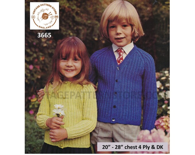 Boys Girls Toddlers 70s Vintage 4 ply or DK V or round neck rib ribbed raglan cardigan pdf knitting pattern 20" to 28" Instant download 3665