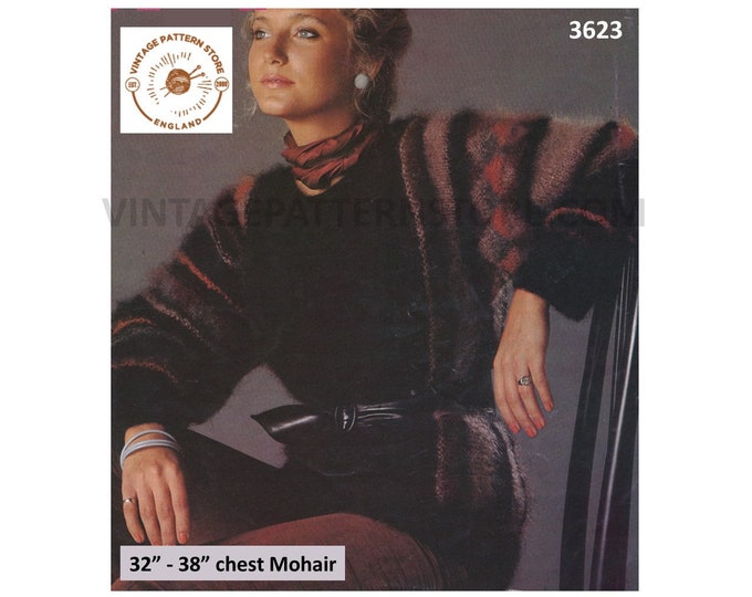 Ladies Womens 80s round neck diamond & stripe drop shoulder dolman mohair sweater jumper pdf knitting pattern 32" to 38" PDF download 3623