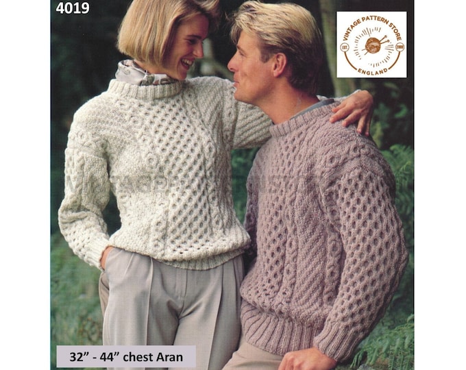 Ladies Womens Mens 90s crew neck honeycomb cable drop shoulder raglan aran sweater jumper pdf knitting pattern 32" to 44" PDF download 4019