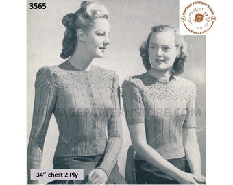 40s Vintage Cardigan & Sweater Knitting Pattern, Cable Yoke (34" Bust) (PDF Pattern)