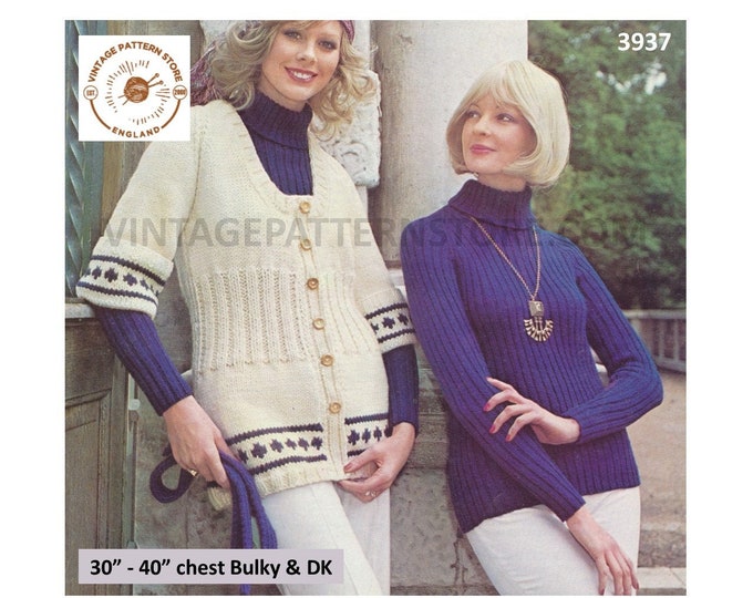 Ladies Womens DK ribbed polo neck raglan sweater & bulky knit scoop neck short sleeve jacket pdf knitting pattern 30" to 40" Download 3937