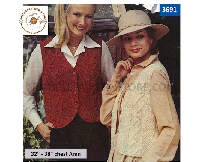 Ladies Womens 80s vintage V neck cabled cable and texture aran waistcoat pdf knitting pattern 32" to 38" Instant PDF download 3691