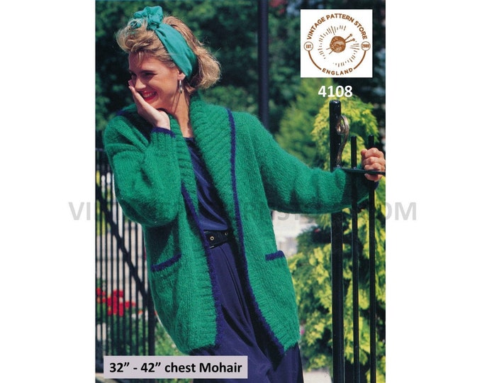 Ladies Womens 90s easy to knit ribbed shawl collar drop shoulder dolman mohair jacket pdf knitting pattern 32" to 42" download 4108