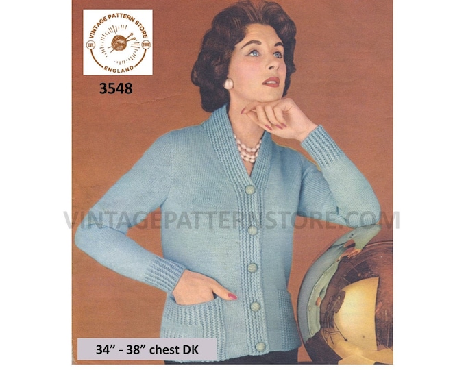 Ladies Womens simple and easy to knit 50s vintage DK V neck raglan cardigan with pockets pdf knitting pattern 34" to 38" PDF download 3548