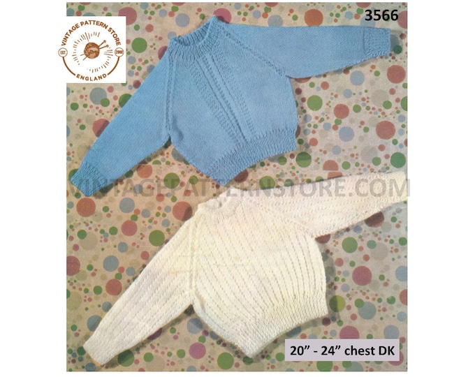 Baby Babies Toddlers simple & easy to knit round neck raglan DK sweater jumper pullover pdf knitting pattern 20" to 24" chest Download 3566