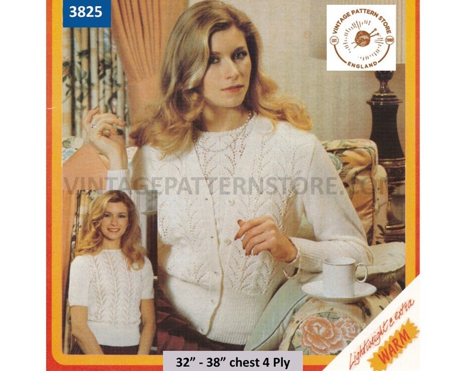 Ladies Womens 70s 4 ply lacy V neck raglan cardigan & short sleeve Summer sweater pdf knitting pattern 32" to 38" chest PDF download 3825