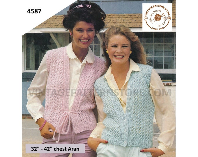 Ladies Womens 80s vintage easy to knit V neck lacy lace aran waistcoat with optional peplum pdf knitting pattern 32" to 42" Download 4587