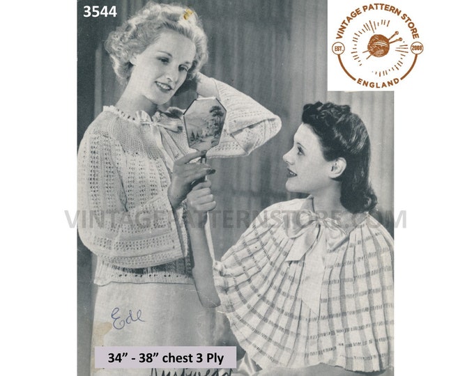 Ladies Womens 40s vintage 3 ply lacy bed jacket and ribbon tie bed cape pdf knitting pattern 34" to 38" chest Instant PDF download 3544