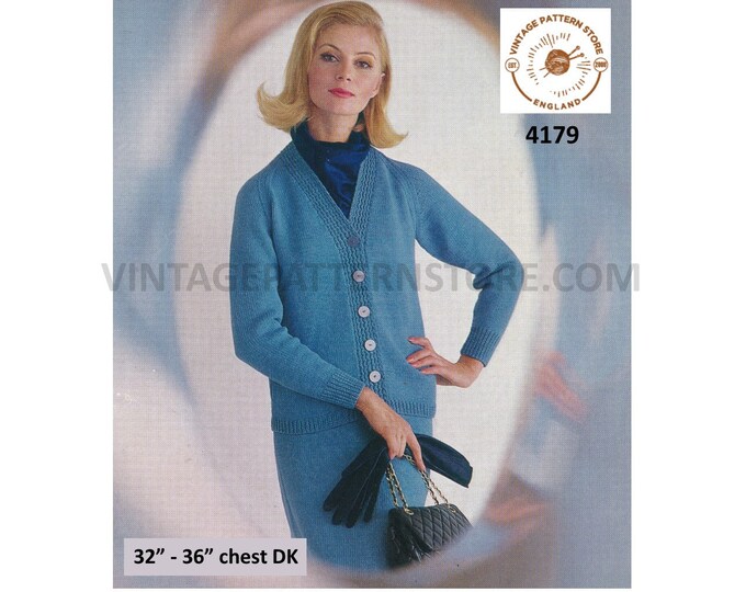 Ladies Womens 60s vintage DK V neck easy to knit raglan cardigan jacket and skirt pdf knitting pattern 32" to 36" Download 4179