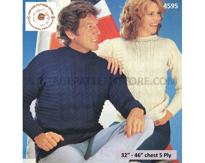 Ladies Womens Mens 80s vintage 5 ply crew neck cable cabled and textured raglan sweater jumper pdf knitting pattern 32" to 46" Download 4595